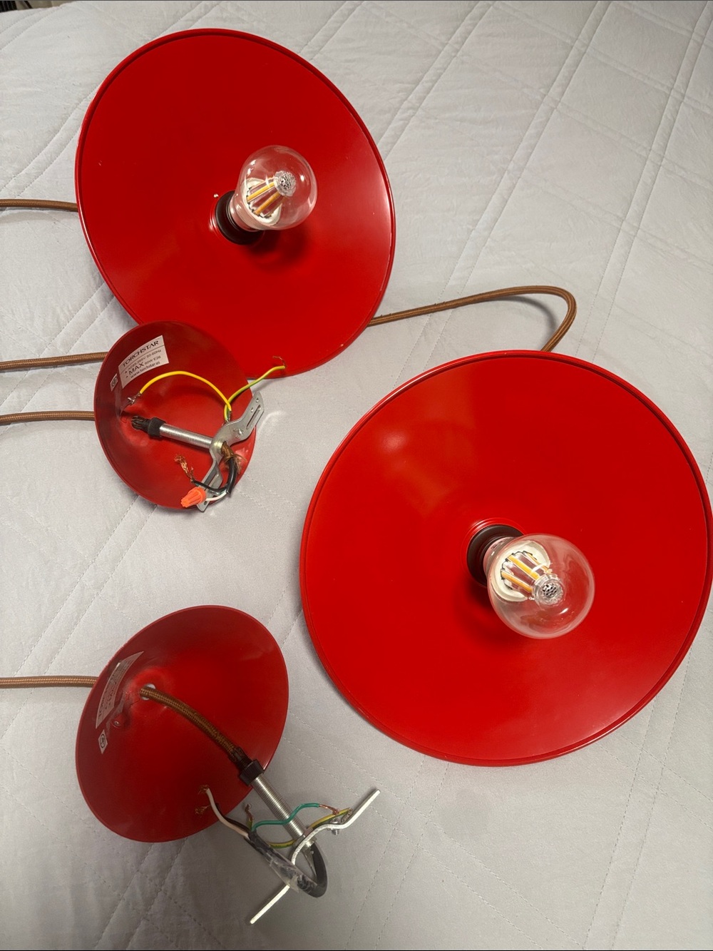 Set of 2 Red Pendant Light Fixtures with Exposed Bulb - Picture 4 of 6
